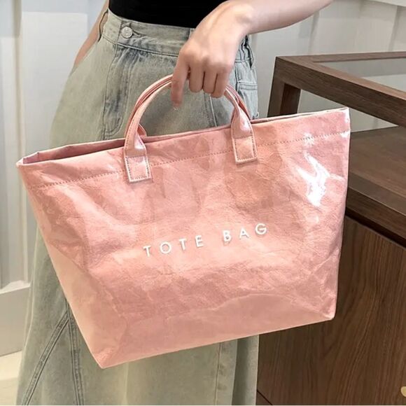 None Handbags - Baby Pastel Pink Vinyl Covered Paper Bag Stylish Tote Bag